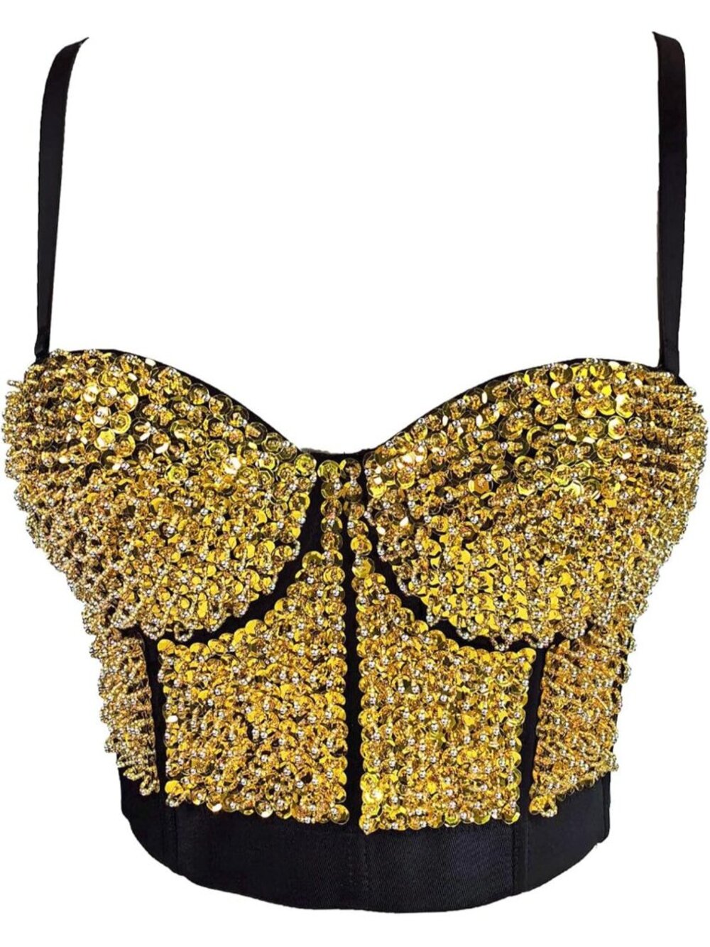 Women's Gold Bustier Crop Top Mesh Corset Top Push up Rhinestone Diamond Bra